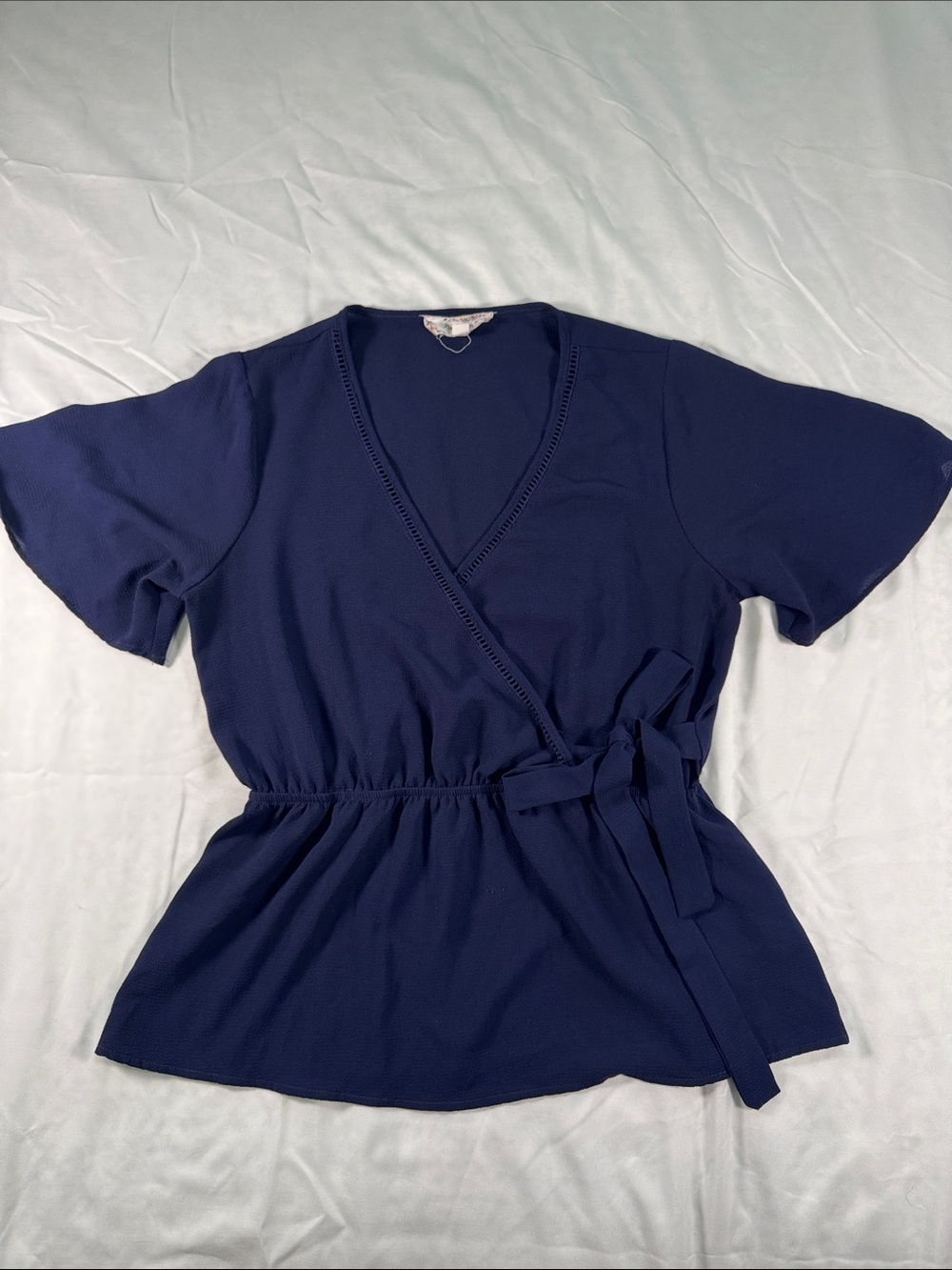 Pink Rose Navy Wrap-Front Short Sleeve Blouse